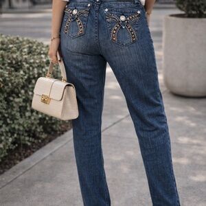 Grace in LA Dark Blue Straight Leg Jeans with Studded Pockets